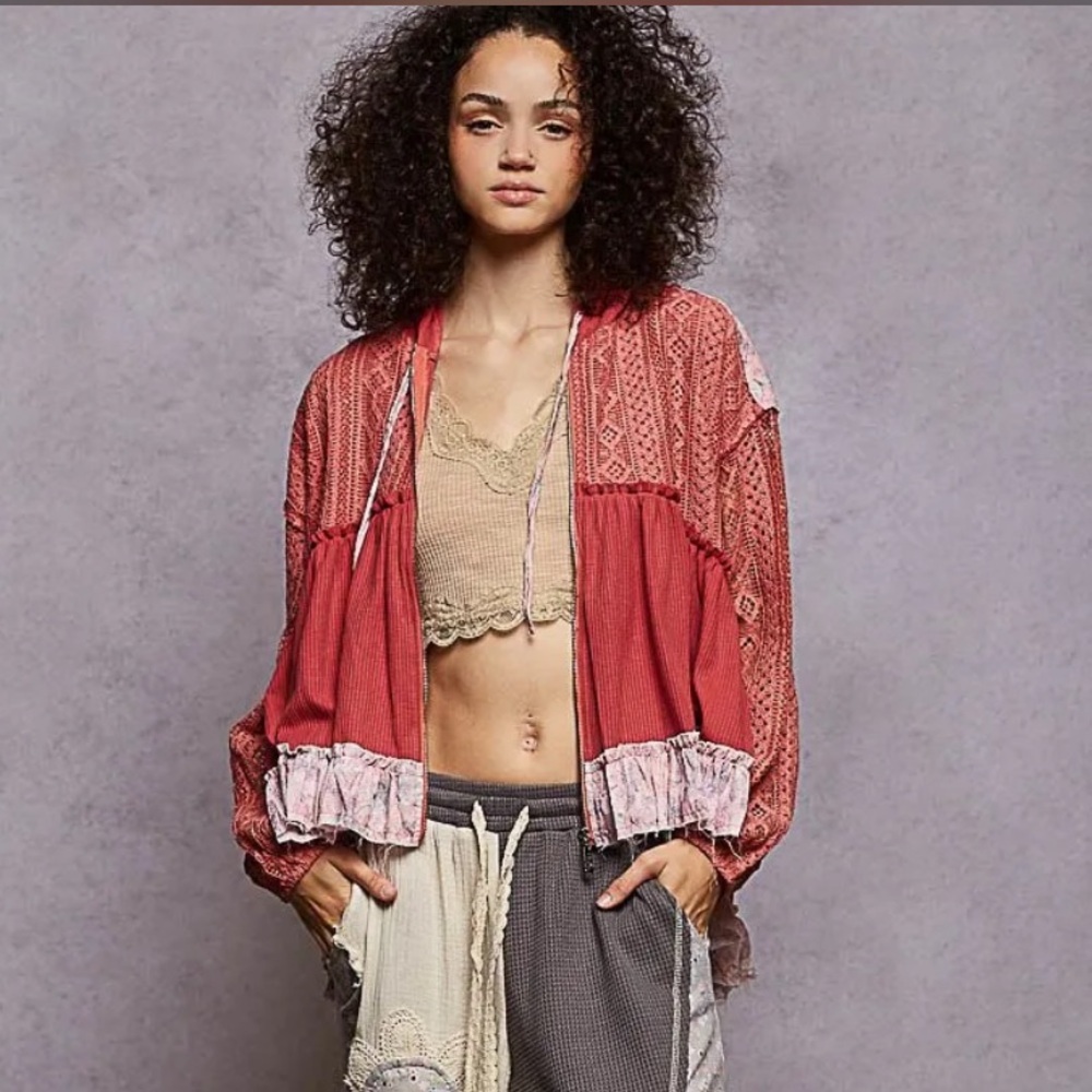 POL Cranberry Crochet Ruffle Jacket NIP - Picture 4 of 7